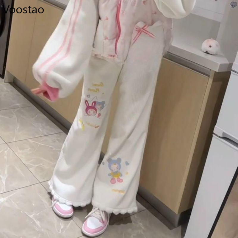 Pantalon en velours côtelé Style Lolita japonais Kawaii pour femmes, doux et mignon, broderie de dessin animé, pantalon décontracté, pantalon de survêtement de sous-culture Harajuku
