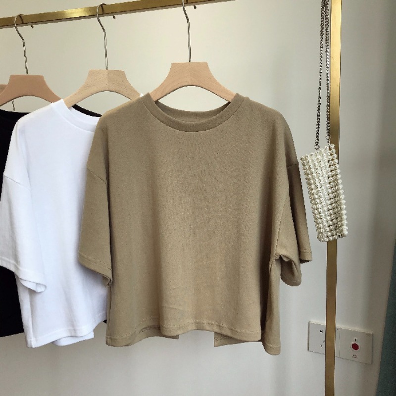 T-shirt femme style coréen, printemps-été, dos nu, coupe ample et courte, col rond, manches courtes, haut pour étudiante.