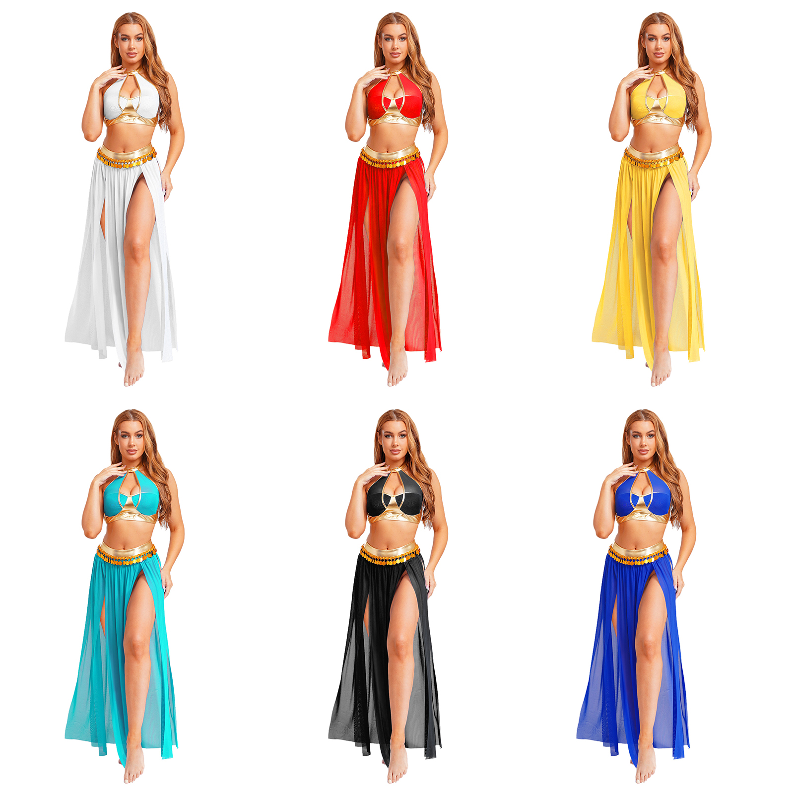 Costume de princesse arabe Sexy pour femmes, haut de soutien-gorge licou avec jupe Maxi fendue haute, tenue de danse du ventre