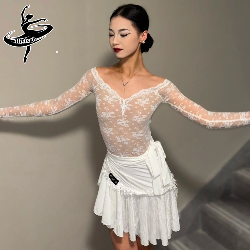 Robe de danse latine pour femmes, vêtements de danse latine, blanc, noir, dentelle, manches longues, hauts, jupe à franges, ensemble de compétition, Rumba Cha Cha, vêtements de danse