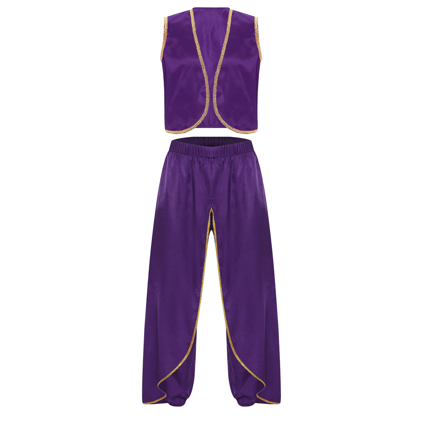 Costume de Prince arabe satiné pour hommes, garniture dorée, gilet ouvert sur le devant, hauts et pantalons de Cosplay Baggy, pantalon Palazzo indien Dhoti