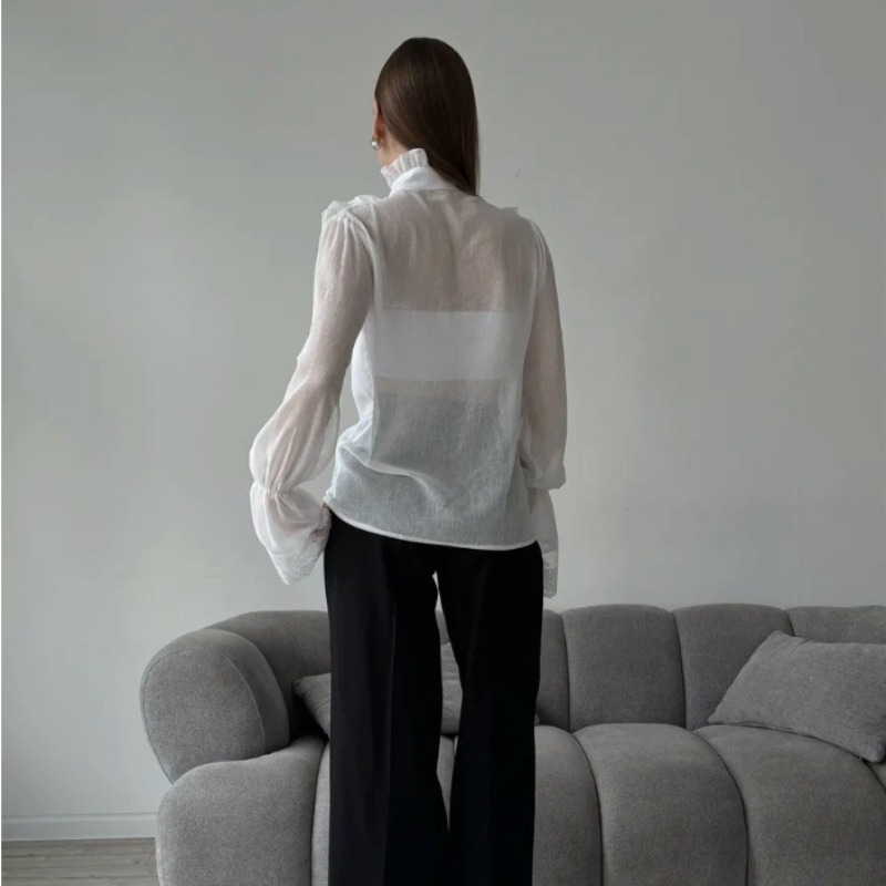 Chemise femme 2025 automne nouveau Style palais français col féerique en mousseline de soie à volants dame à manches longues haut blanc