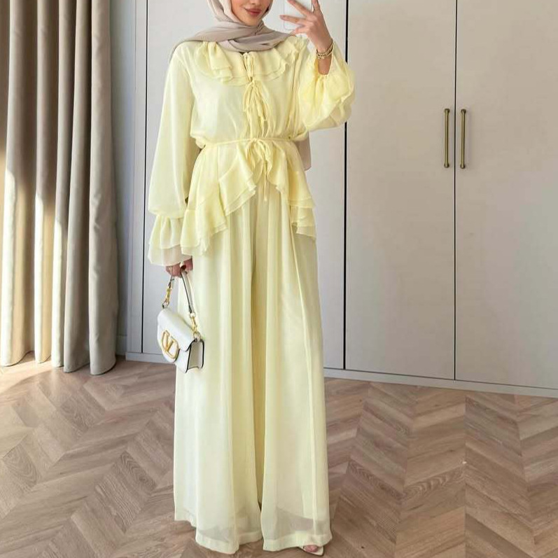 Ensemble 2 pièces pour femme : Blouse et pantalon large, style Ramadan Aïd, tenue musulmane arabe, Maroc, Dubaï, avec lacets, ensemble islamique