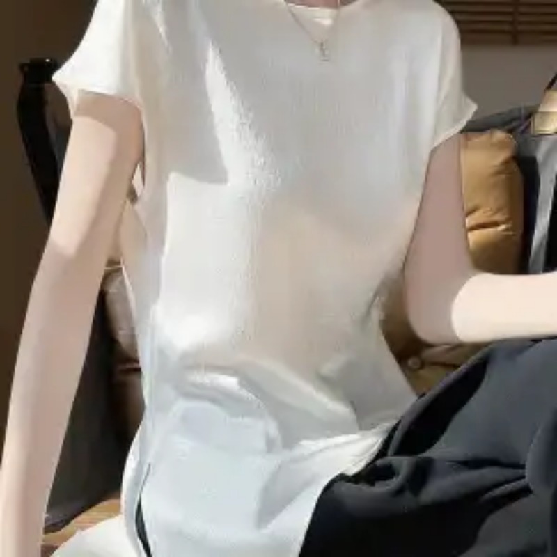 T-shirt en satin de soie de mûrier 100% pour femme, manches courtes, coupe ample, haut décontracté