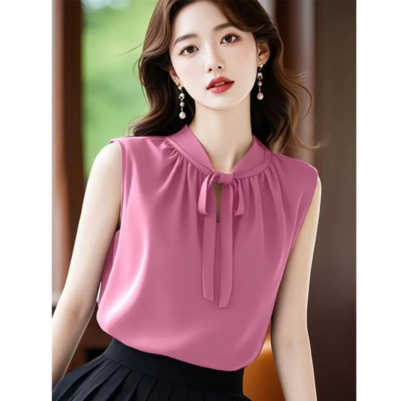 Chemisier en mousseline de soie pour femmes françaises, gilet d'été pour dames, chemisier à nœud, gilet de haute qualité, couleur unie, chemises sans manches