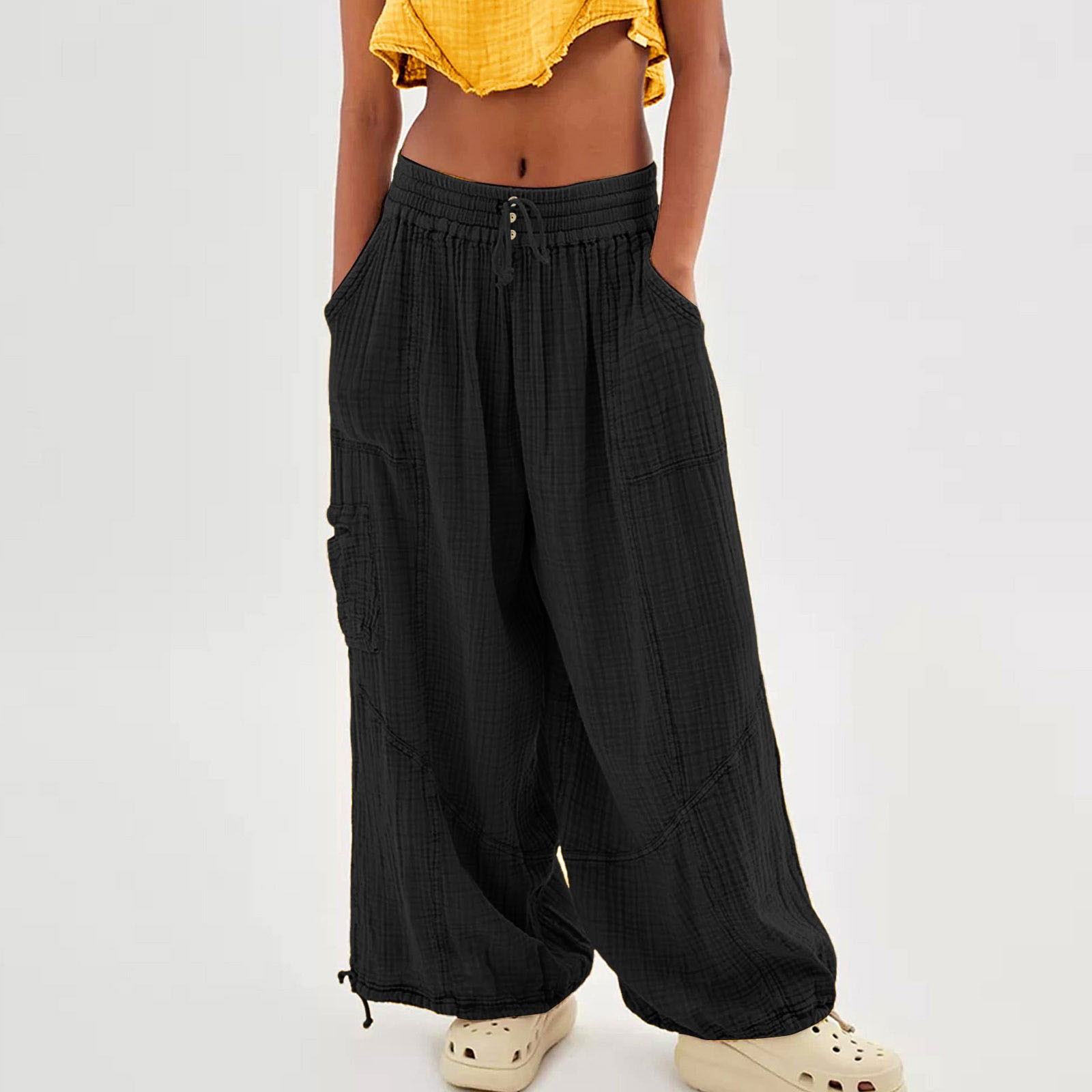 Pantalon de Plage en Lin pour Femme, Sarouel à Jambes Larges, Taille Haute, lèvent de Proximité, Wstring, Grande Taille avec Poche
