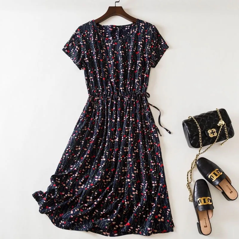 Robe en coton et soie pour femme, manches courtes, nouvelle collection été 2026, coupe ajustée, col rond, imprimé plage, élégante