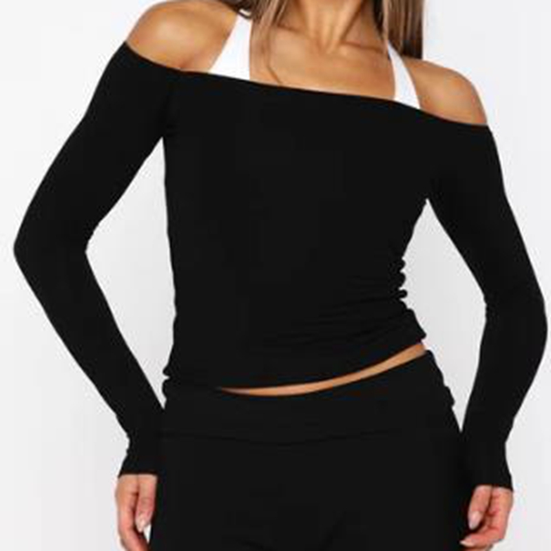 Haut sportif basique à épaules dénudées pour femmes, T-Shirt décontracté à manches longues, coupe cintrée, élégant, couleur unie, pour l'automne