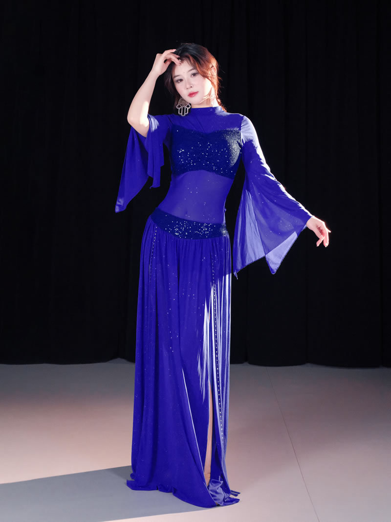 Tenue de danse orientale sexy pour femmes, haut en mousseline transparente à sequins à manches longues, jupe fendue sur le côté, compétition de danse du ventre