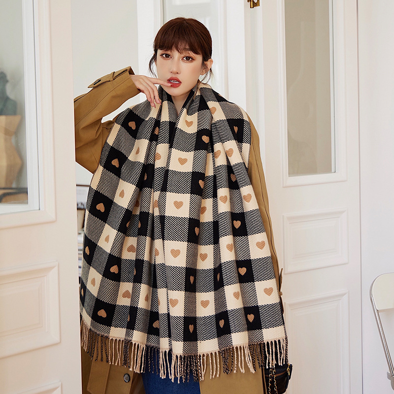 1 écharpe à motifs de cœur pour femmes, écharpe confortable à carreaux pour femmes, écharpe châle épaisse et grande couverture, automne et hiver