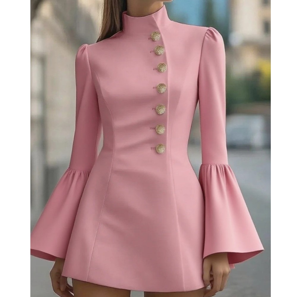 Robe élégante de style décontracté, design simple et tendance, coupe courte, col montant, manches évasées, idéale pour l'automne et l'hiver