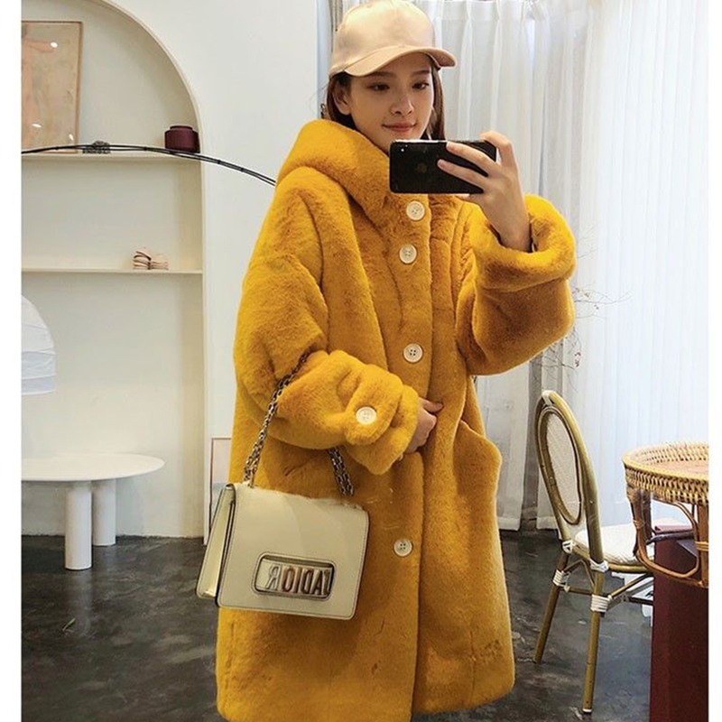 Manteau en fausse fourrure de lapin pour femme, pardessus à capuche, chaud, peluche, long, grande taille, optique, hiver, nouveau, 2021