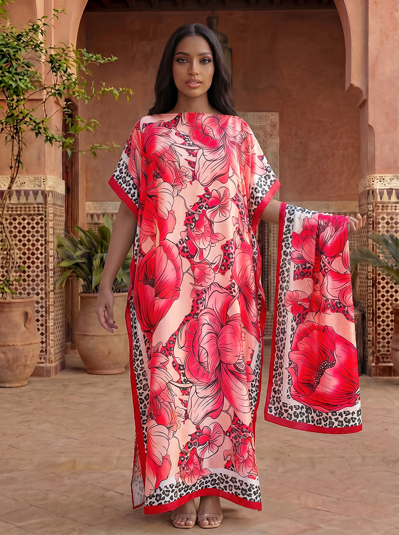 Abaya en satin à imprimé floral léopard avec foulard, kaftan maxi ample pour femmes musulmanes, tenue de plage estivale