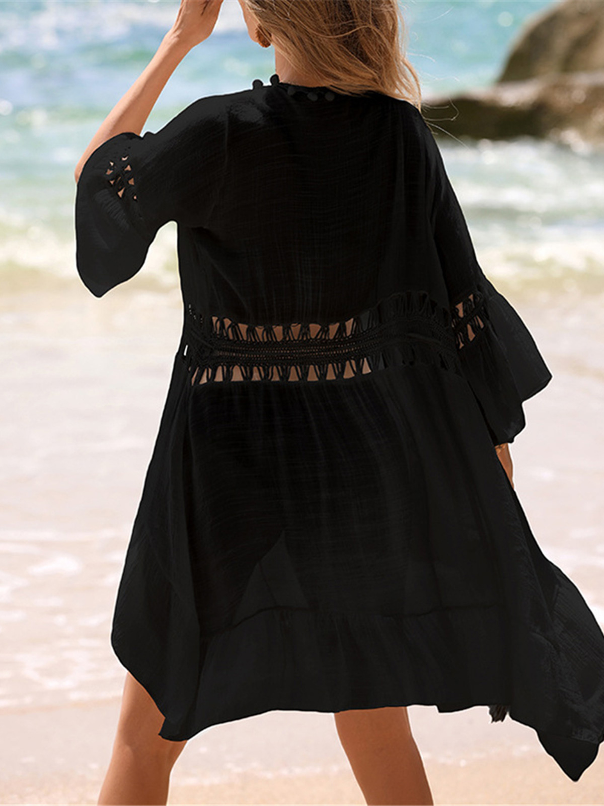 Robe de plage cache-maillot pour femme, col en V, manches mi-longues, en crochet tricoté, tunique de plage V7660