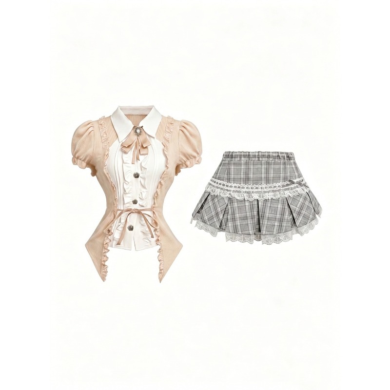 Nouvel ensemble de costumes de cosplay Lolita sexy : chemise à taille haute et jupe courte à carreaux avec dentelle, idéal pour les soirées à thème et les jeux de rôle pour femmes