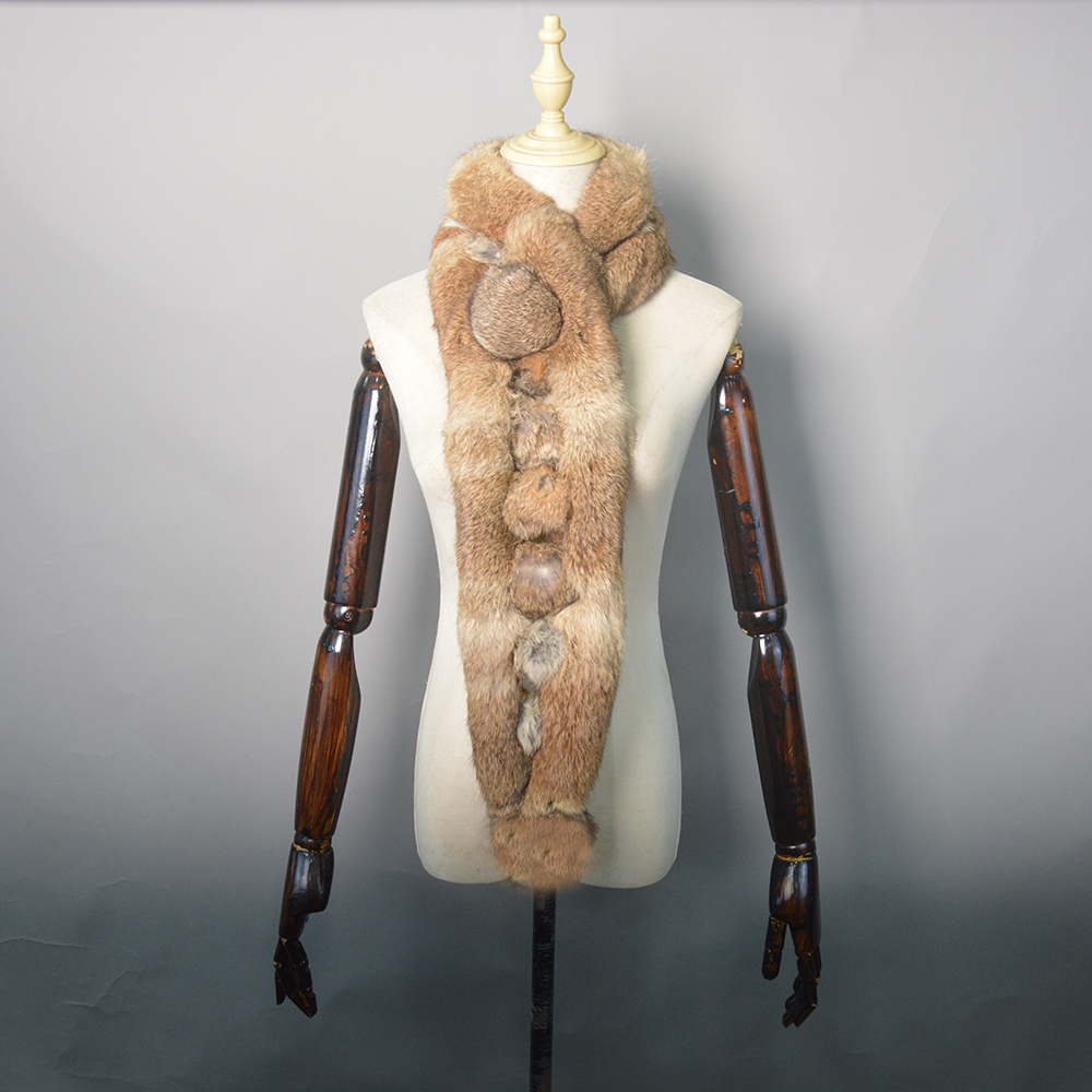 Nouvelle Écharpe Longue en Véritable Fourrure Russe pour Femme 2026 – Foulard Chaud en Vraie Fourrure de Lapin pour l'Hiver, Tricoté avec Pompons Moelleux, Écharpes en Fourrure Naturelle