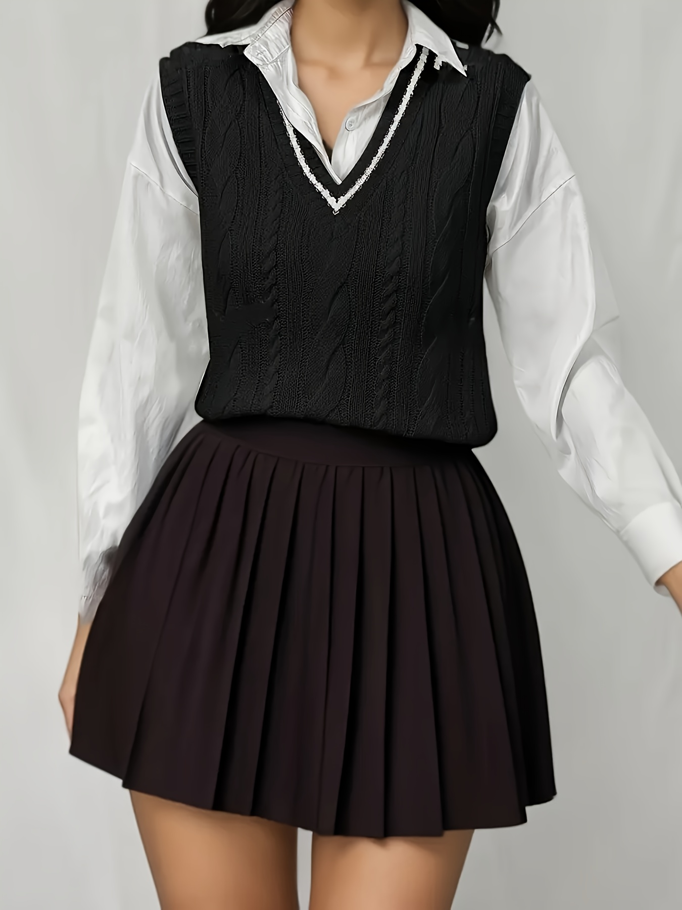 Gilet en tricot pour femme, style preppy, col en V, gilet en tricot torsadé, gilet court sans manches