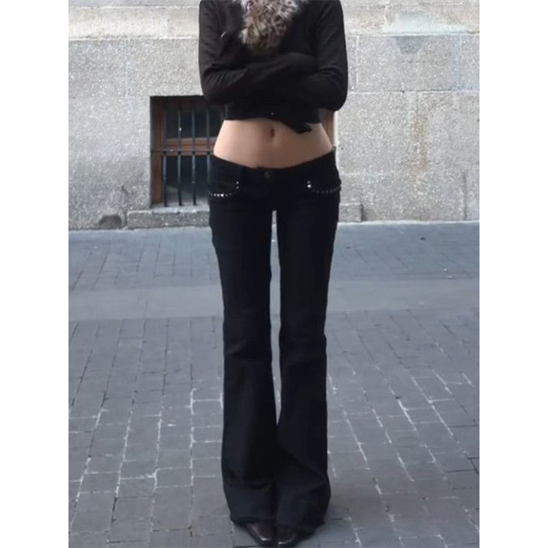 Jean évasé noir taille basse pour femme, style Gyaru, rétro américain, cyberpunk coréen, coupe trompette, Y2K, skinny, patte d'éléphant, nouveauté