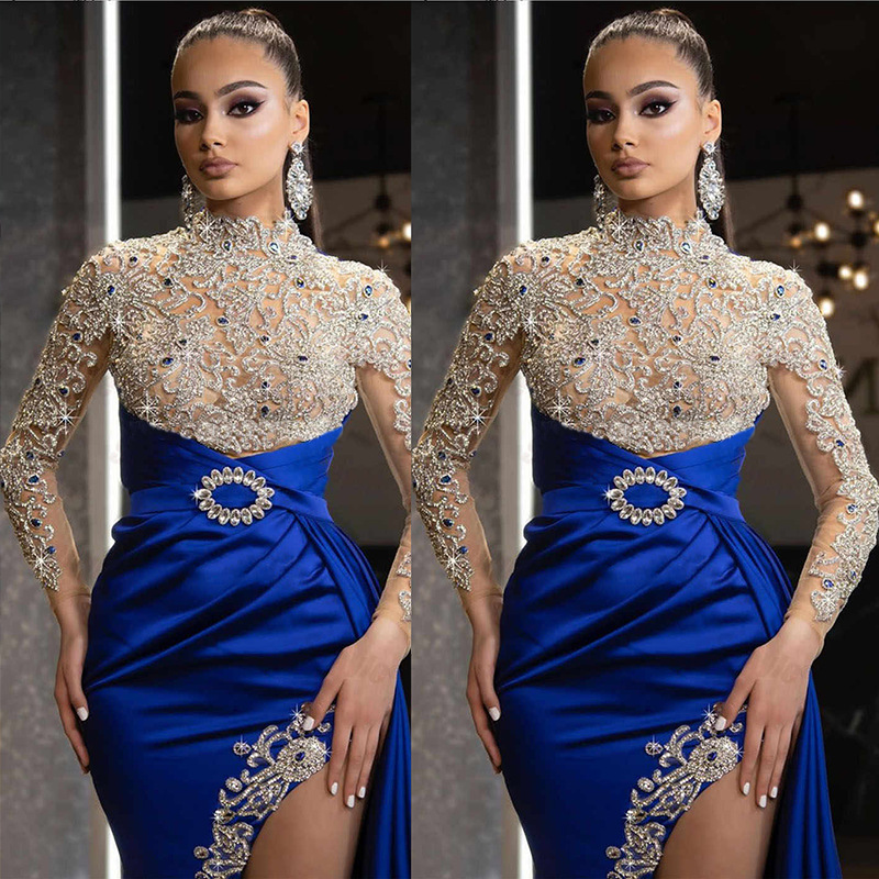 Robe longue épissée en dentelle bleue, Sexy, col rond, Style élégant, tissu Polyester, manches longues, robe mi-longue pour femmes