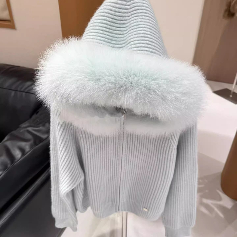Manteau tricoté à manches longues pour femme, élégant, décontracté, fermeture éclair, à capuche, chaud, doux, Vintage, ample, col en fourrure, nouvelle collection hiver
