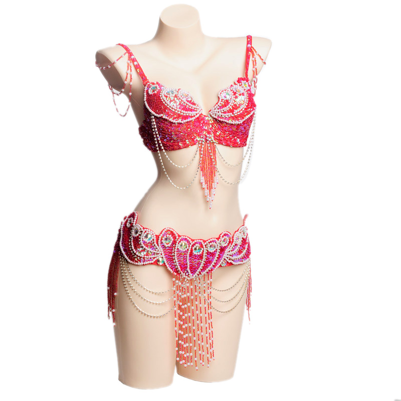 Costume de danse du ventre pour femmes, ensemble de 2 pièces, Oriental, perles, soutien-gorge, ceinture, vêtements de carnaval Tribal