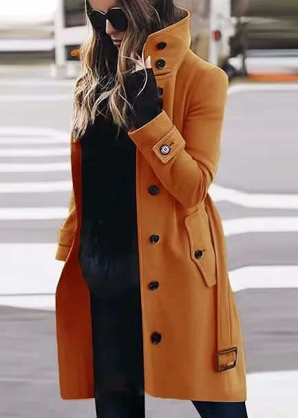 Femmes automne hiver laine manteau mélanges pardessus couleur unie bouton col roulé à manches longues décontracté mode hiver manteau régulier