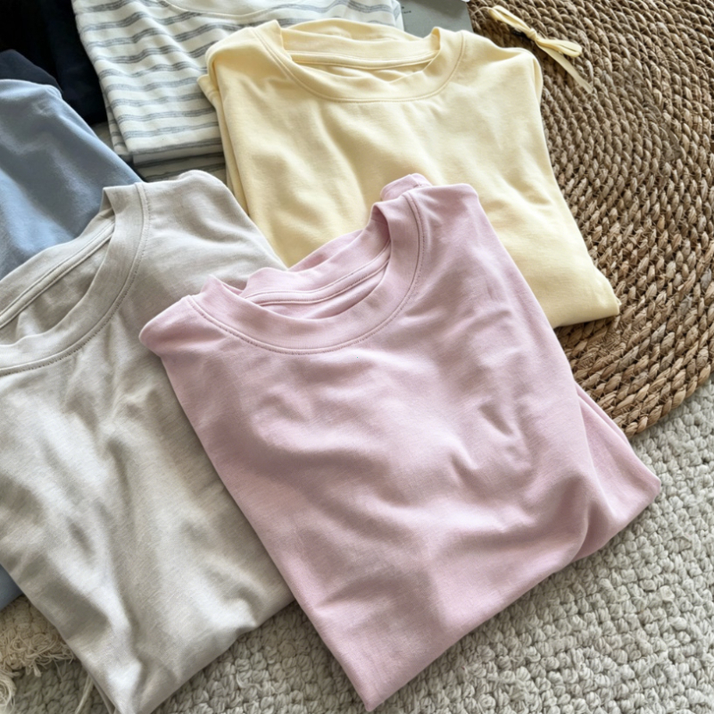 T-shirt d'été en soie à manches courtes pour femme, col rond, en laine, coupe ajustée, sous-vêtement de base