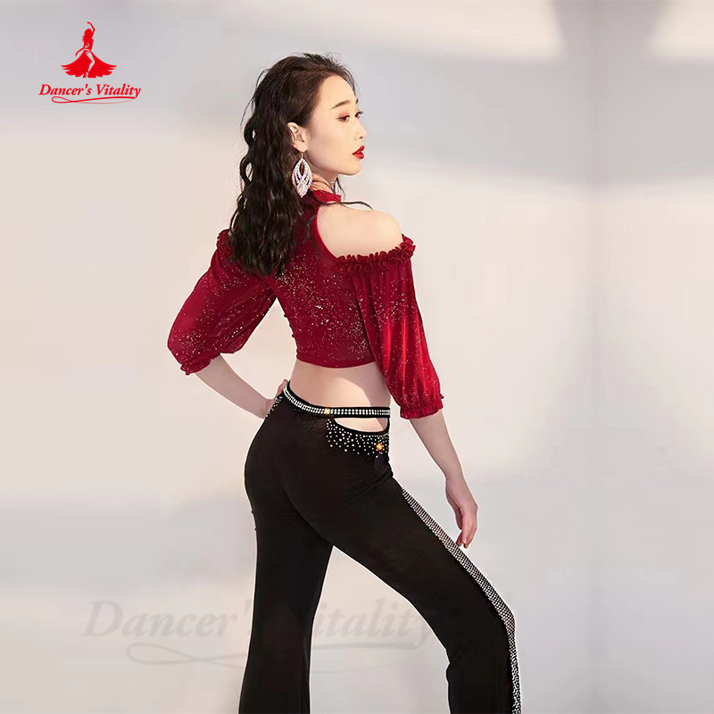 Costume de phtalperformance pour femme, danse du ventre professionnelle, haut et pantalon à demi-manches, vêtements trempés et brillants