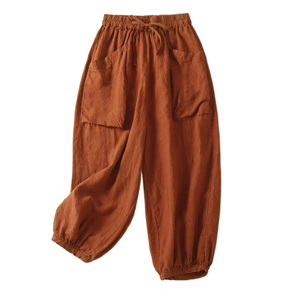 Mode coréenne coton noir pantalon femmes été 2025 nouveau décontracté ample grandes poches élastique taille haute lanterne pantalon pantalon