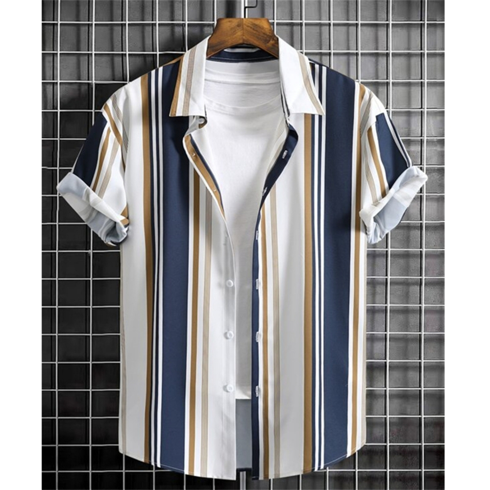 Chemises Hawaïennes pour Hommes Imprimé Rayé 3D Manches Courtes Été Décontracté Ample Tendance Simple Vêtements Homme Grande Taille