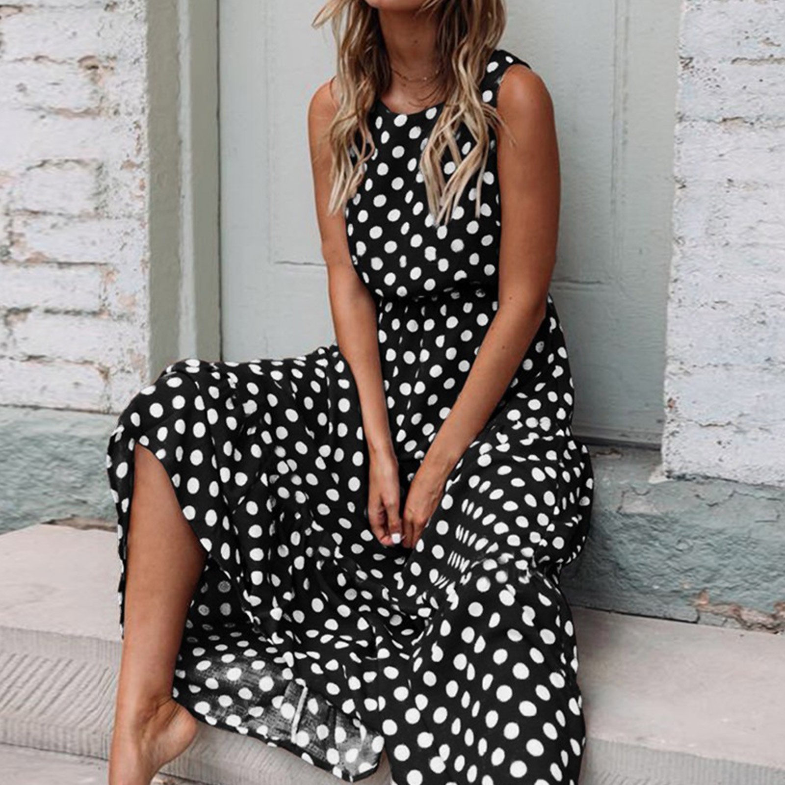 Robe d'été style Boho à pois pour femmes, Maxi, longue, Sexy, élégante, sans manches, avec ceintures, robe De soirée