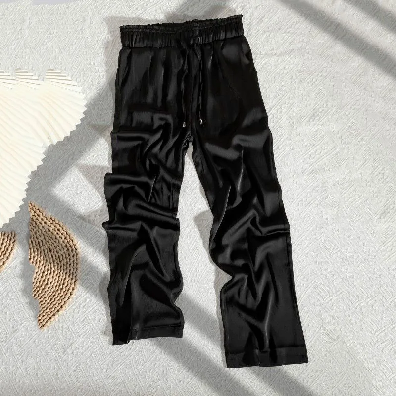 Pantalon large taille haute pour femme, injPants en satin, vintage, proximité, wstring, décontracté, droit, haute qualité