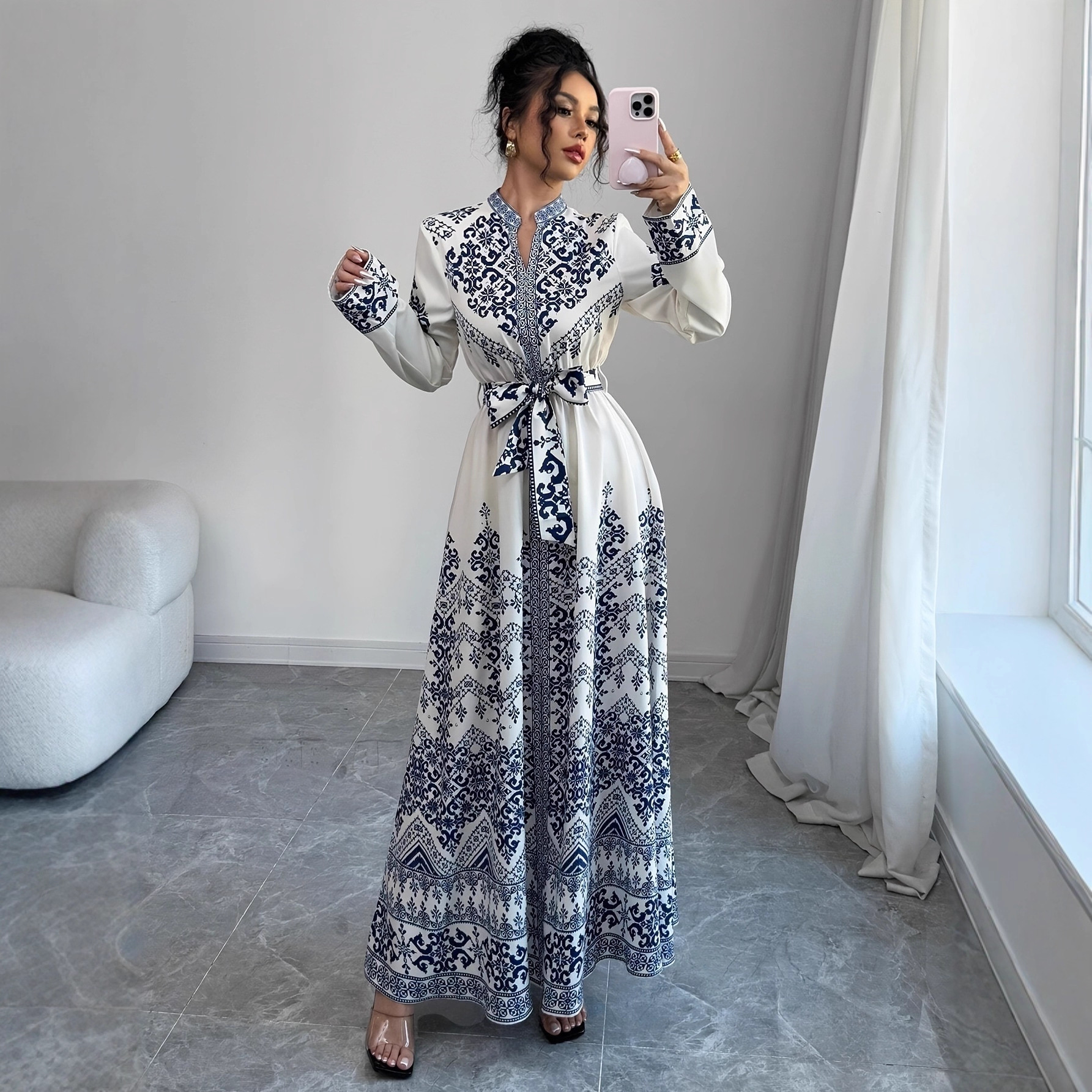 Robe imprimée pour femme Eid, Abaya musulmane, Jalabiya, Robes longues Ramadan, Robes de soirée à lacets, Robe longue arabe, Caftan Maroc Dubaï