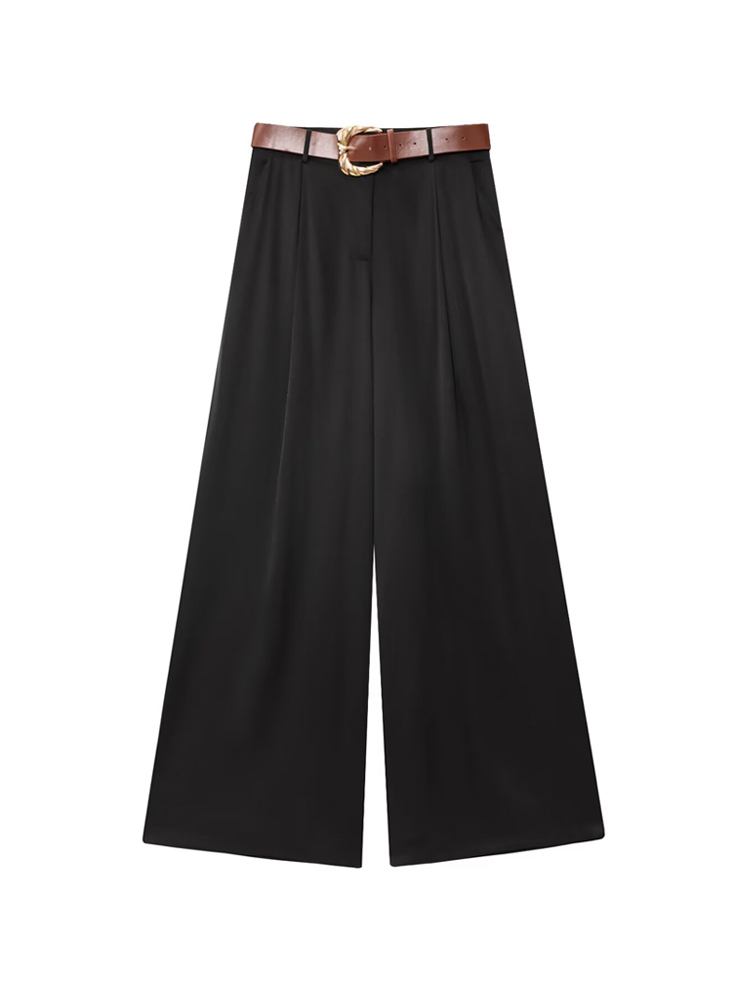 Pantalon taille haute à jambes larges pour femmes, mode ceinturée, fléchettes avant, poches latérales