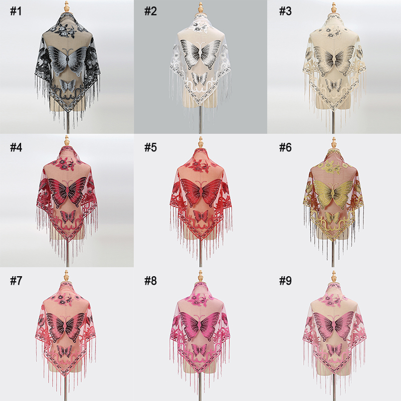 Écharpe en dentelle papillon imprimée pour dames, châle à pampilles triangulaires, écharpes brillantes pour documents solides, cape de mode élégante, été, 150x65cm