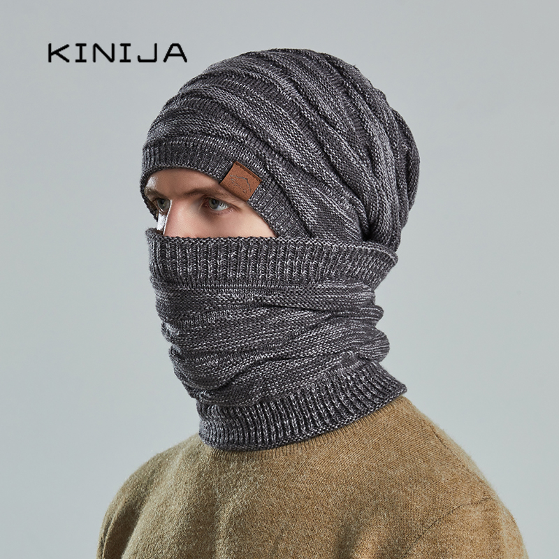 Ensemble bonnet et écharpe d'hiver pour homme et femme, bonnets en tricot pour le ski, le cyclisme, le col chaud en peluche, casquette coupe-vent, bonnets épais en laine pour femme
