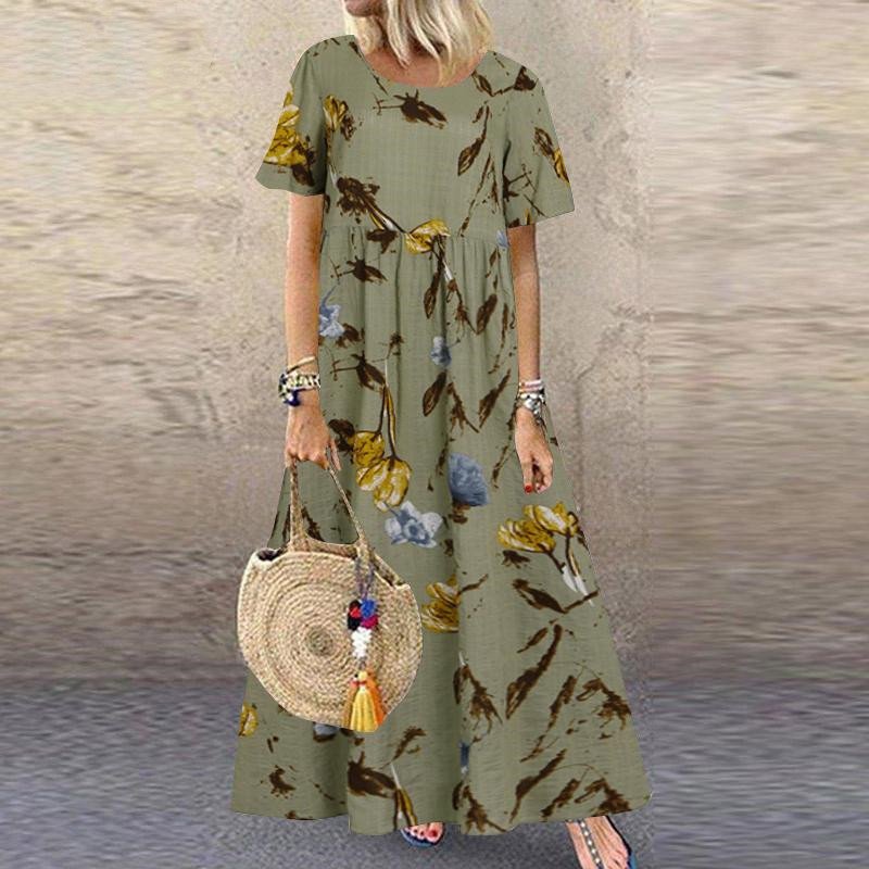 Robe d'été pour femmes à manches courtes, imprimé floral, bohème, élégante, décontractée, ample, longue, pour les vacances