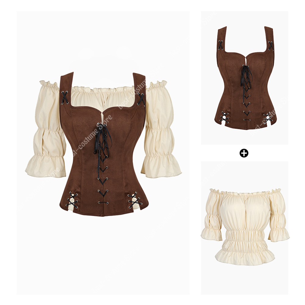 Costume de Pirate pour femmes, gilet médiéval, Cosplay, grande taille, chemisier médiéval, hauts, ensemble 2 pièces, gilet Renaissance, marron, noir, bleu