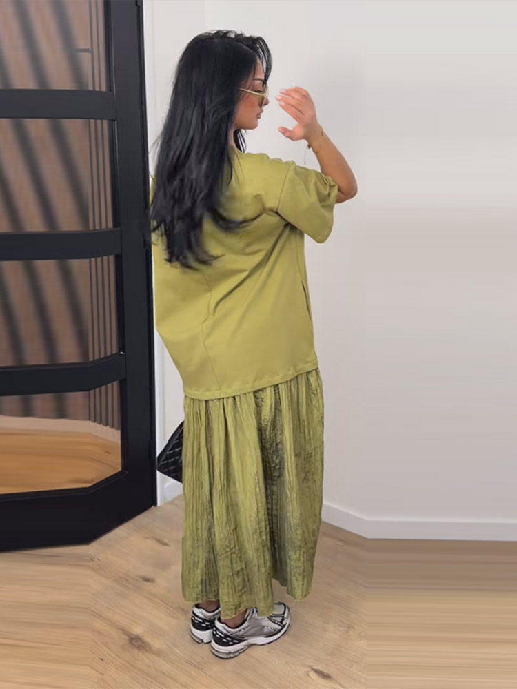 Robes de soirée pour femmes, manches courtes, patchwork, plissées, longues, col rond, coupe ample, tenue de soirée chic, Vestido