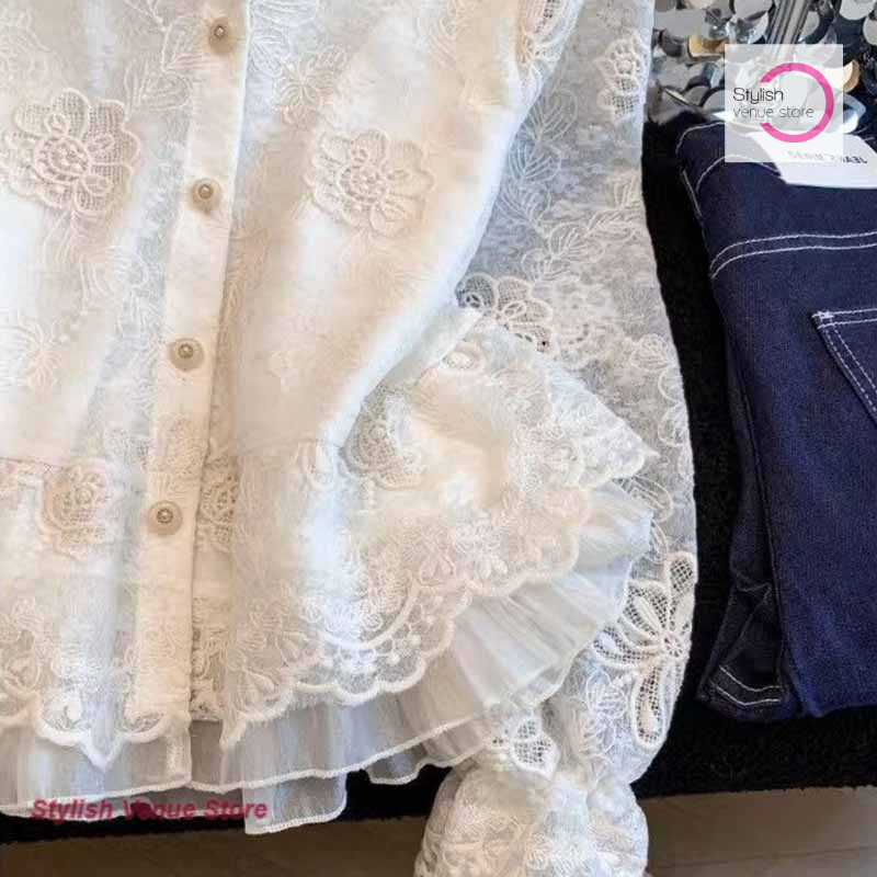 Chemise à manches longues en dentelle brodée style palais français, motif floral, nouvelle mode printemps-automne, élégante et décontractée pour femme
