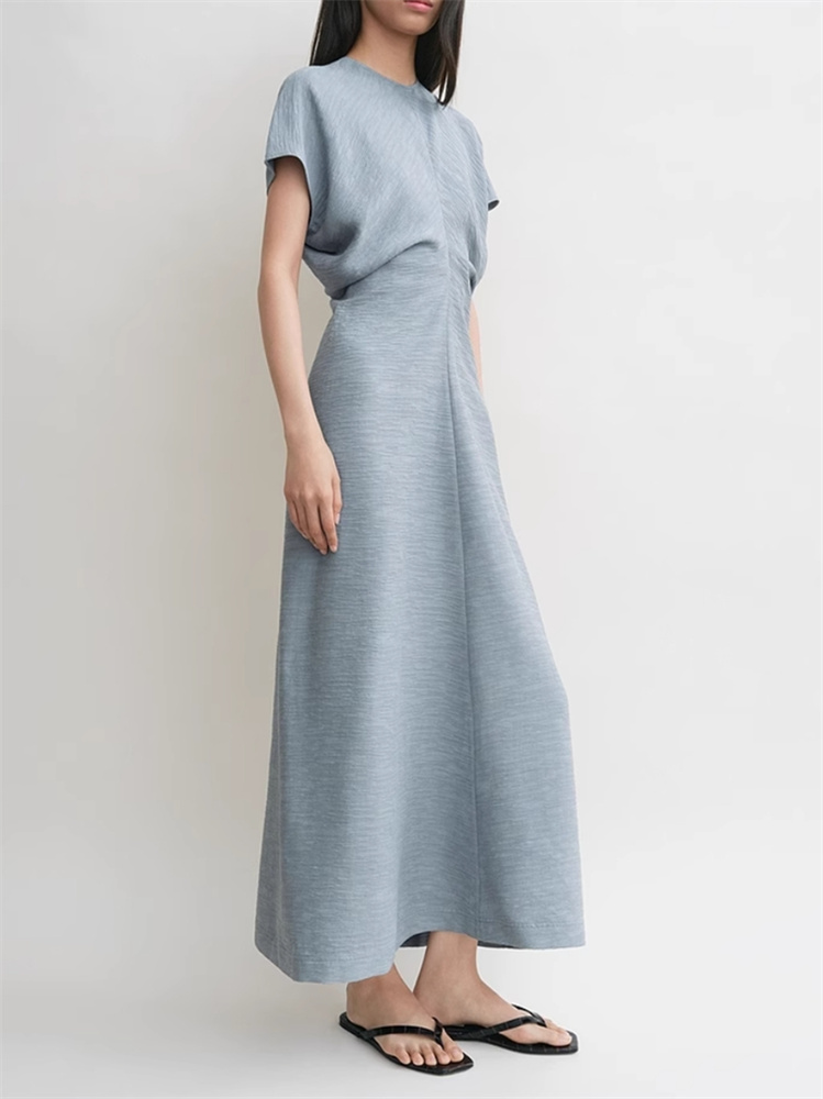 Robe minimaliste mi-mollet pour femmes, col rond, fermeture éclair, drapée, plissée, élégante, été