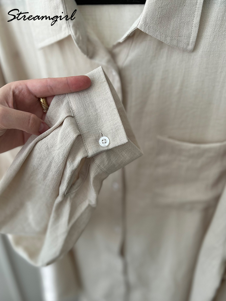 Chemises en lin bleues d'été pour femmes, hauts amples à manches longues, chemise verte pour femme, hauts basiques en lin pour le travail, chemises blanches pour femmes