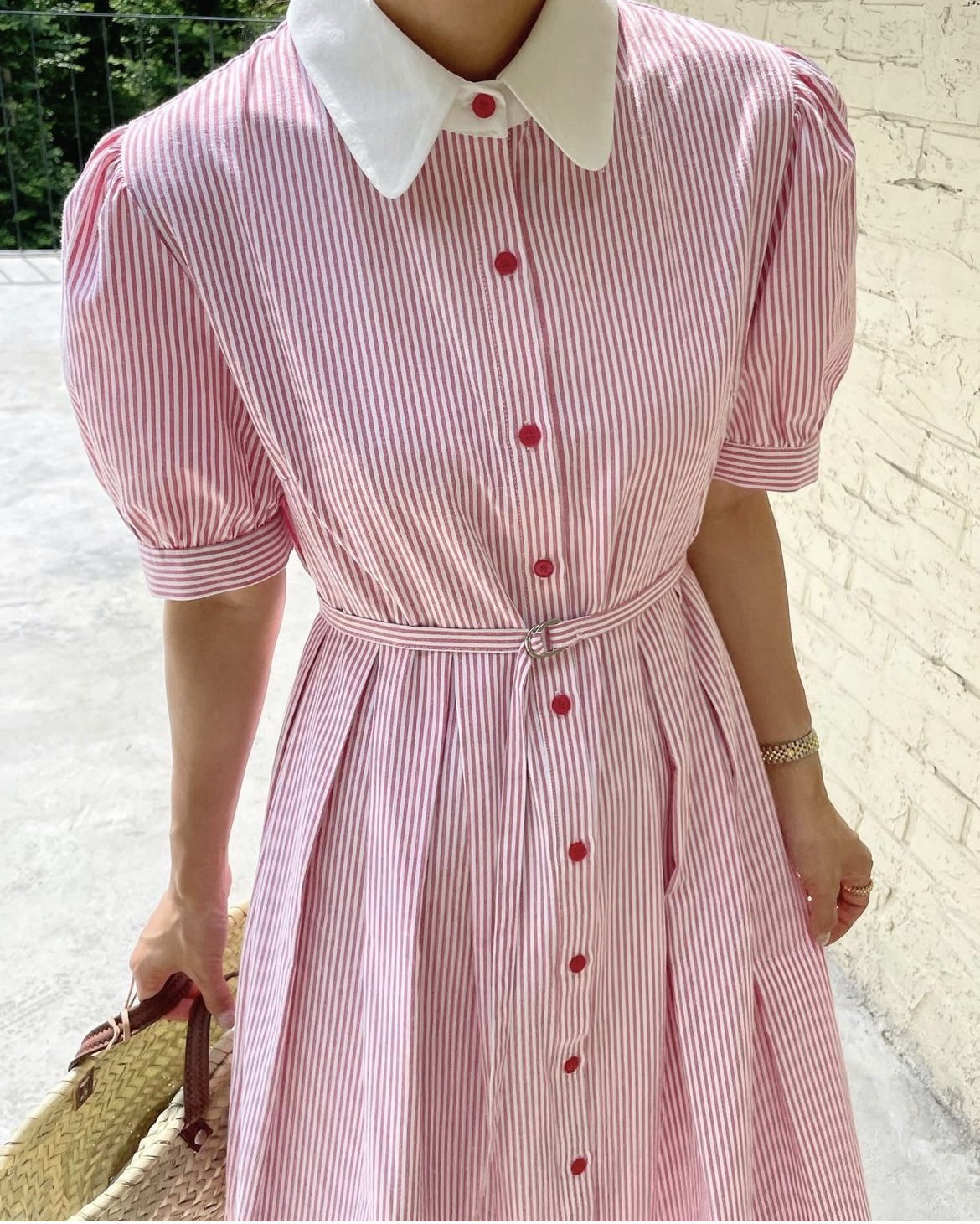 Robe pour femme de style coréen, manches courtes, couleur unie, col rabattu, robe rayée pour femme, style preppy, robes pour femmes