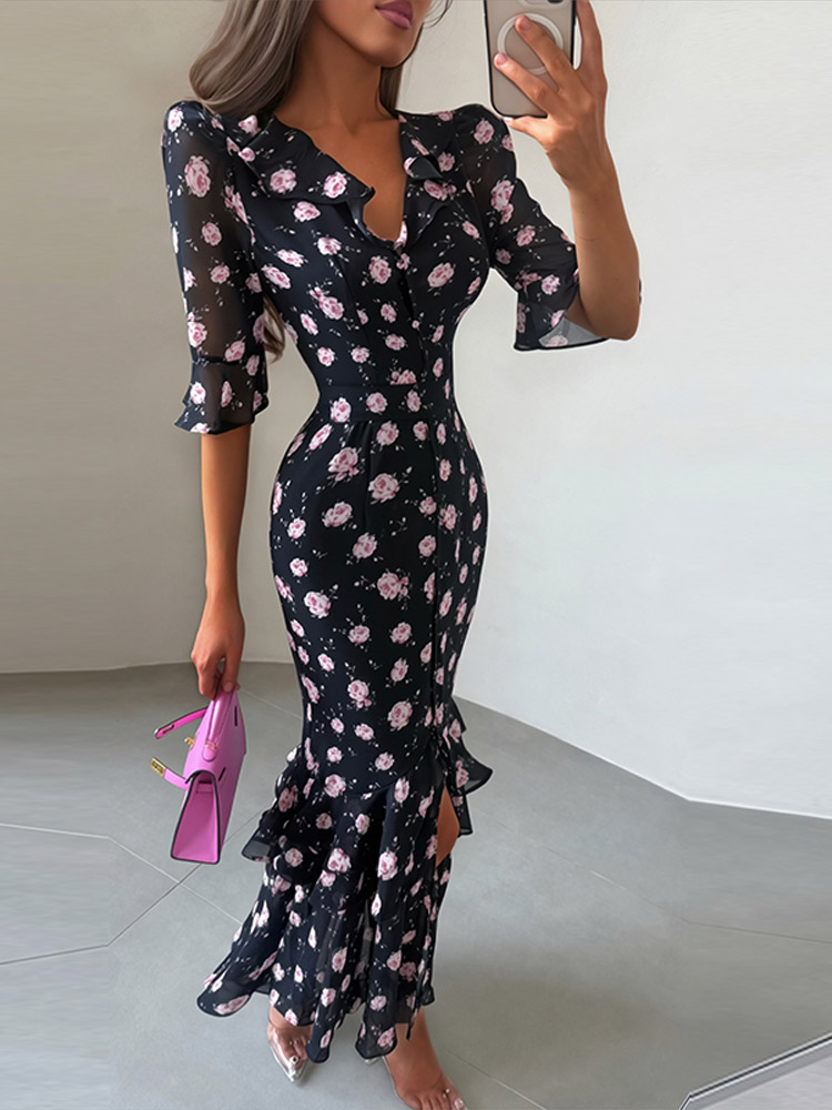 Robe longue en mousseline imprimée florale pour femme, col en V, manches mi-longues, ourlet à volants, collection été 2026, sexy, ajustée et chic