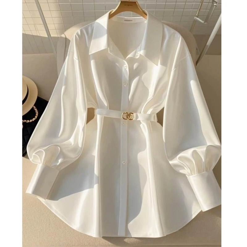 Chemisier ample blanc élégant pour femme, nouvelle collection printemps-automne, col long, uni, style vintage et tendance