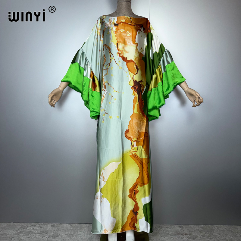 WINYI Robe de soirée bohème d'été à manches bouffantes, Abaya de luxe de Dubaï, Kaftan ample imprimé pour femme, Vêtement musulman, Robe de plage