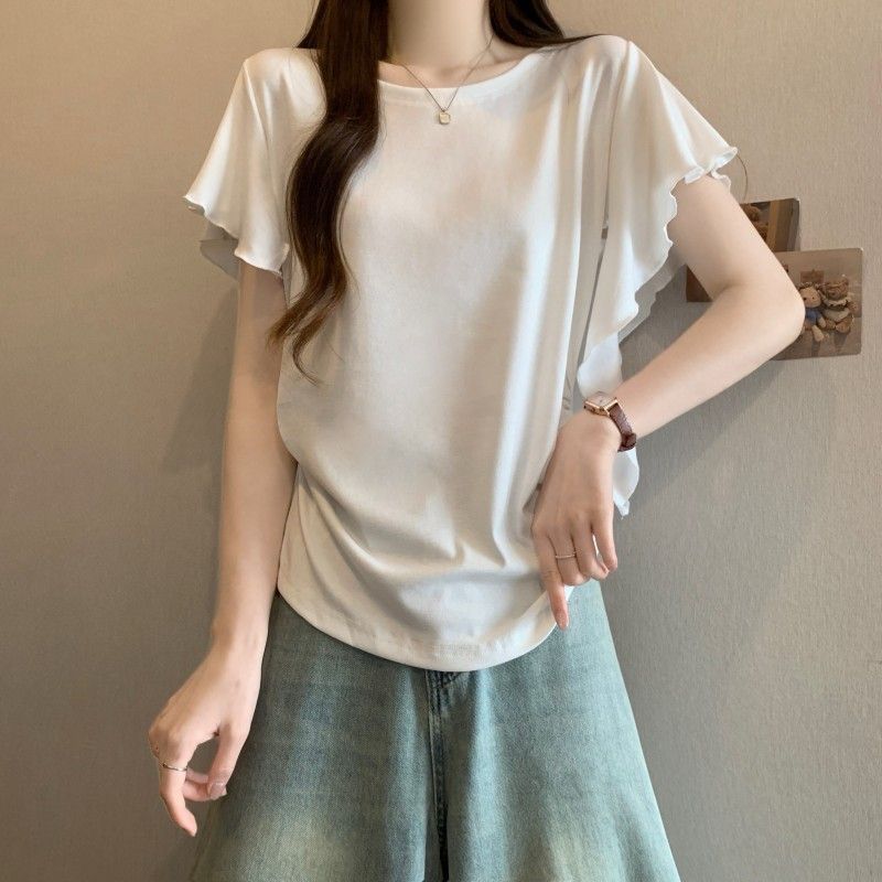 T-shirt d'été pour femmes grandes tailles, nouveau style uni, coupe ample, amincissant, dissimulant les imperfections, à volants irréguliers et manches courtes