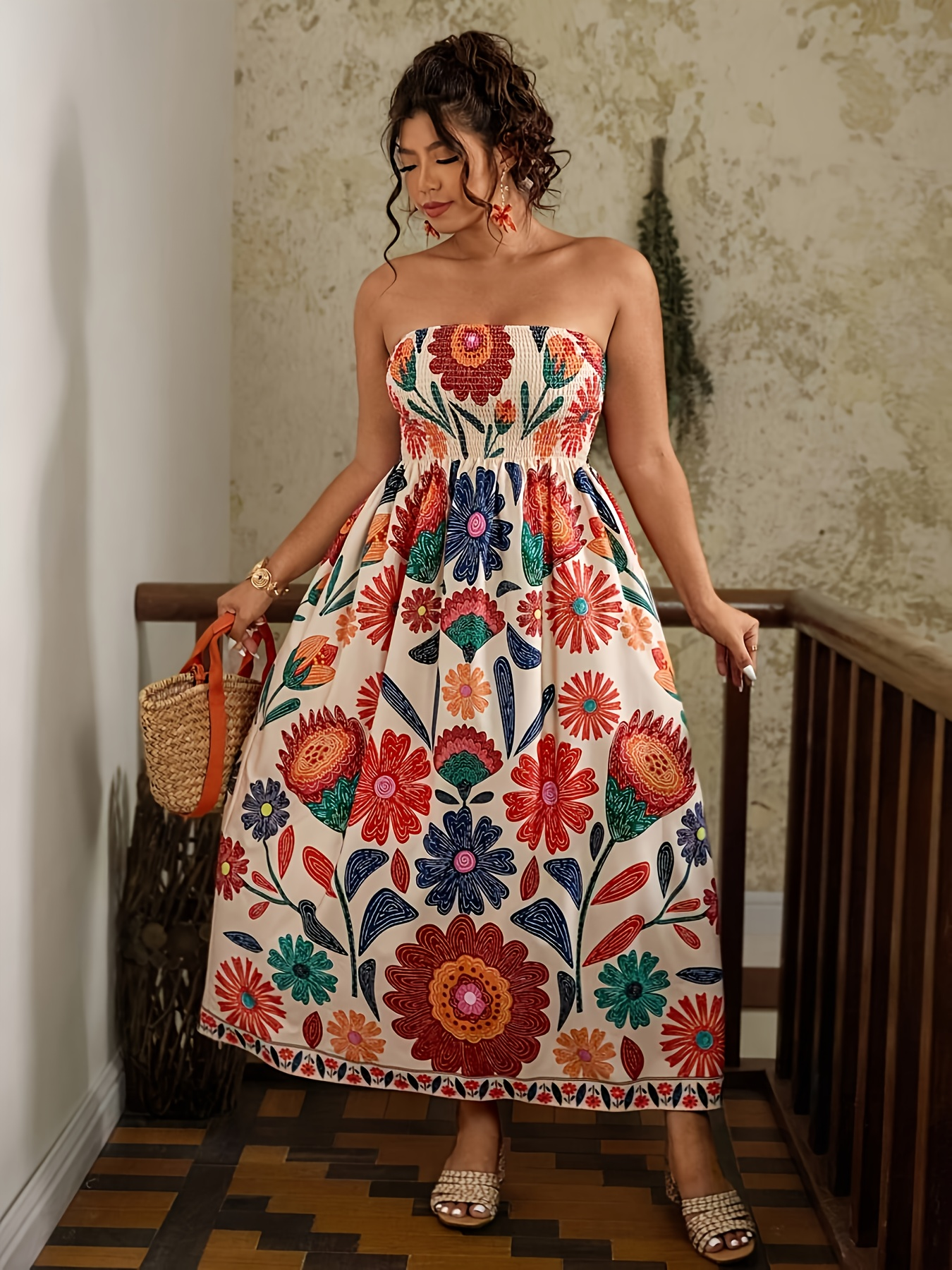 Robe maxi grande taille avec imprimé ethnique, design élégant et stylé sans bretelles avec fronces