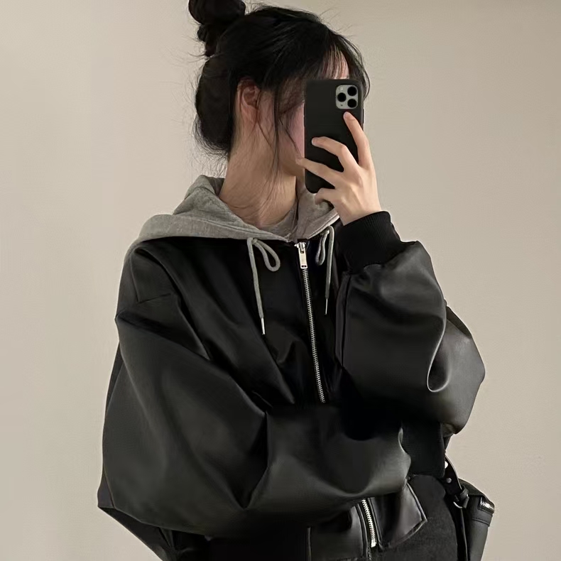 Veste à capuche noire pour femme, mode coréenne, manteau en cuir Harajuku, bombardier esthétique, streetwear