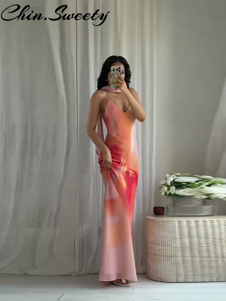 Sexy dégradé imprimé écharpe fronde longue robe femmes fête vacances sans manches dos nu femme robe de soirée 2025 dame robes